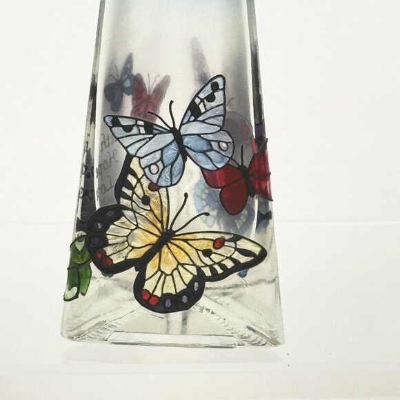 Joan Baker Designs Vtg Cobalt Art Stained Glass Bud Vase Butterflies Faith Hope - Picture 6 of 10
